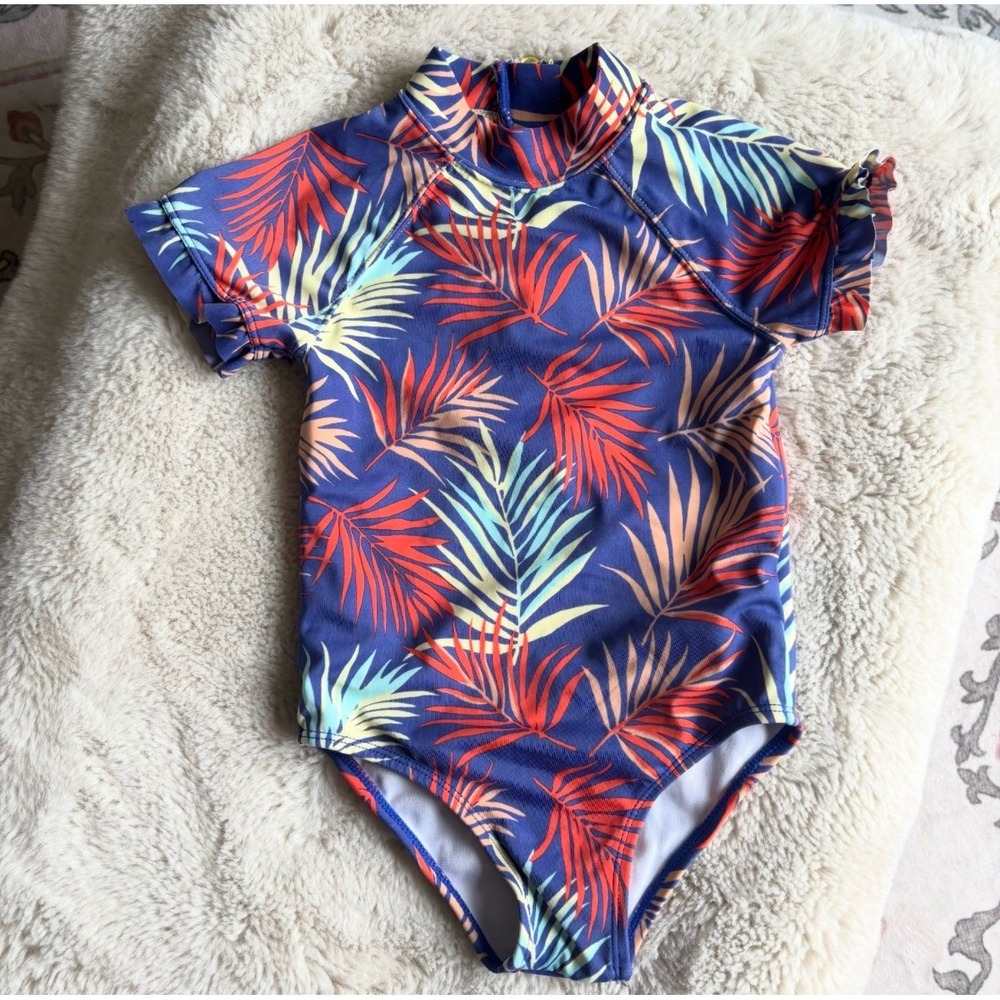 Janie and Jack Rash Guard Swimsuit Girls 3 Blue Tropical Palm Leaf Excellent Zip